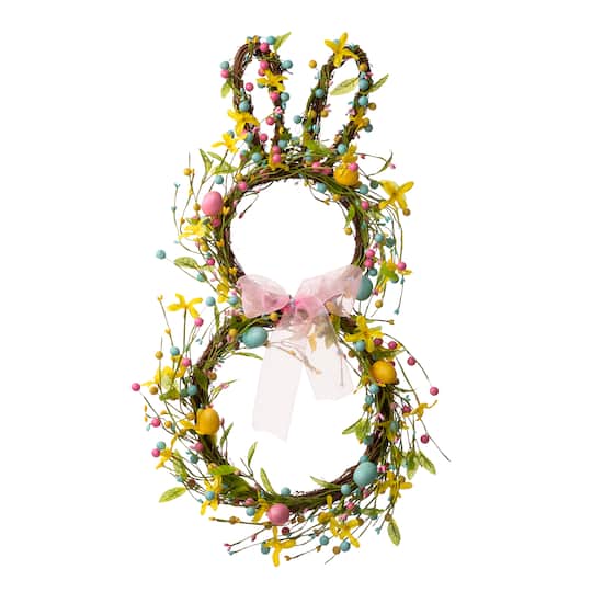 Glitzhome&#xAE; 25&#x22; Easter Bunny Shaped Wreath with Eggs &#x26; Satin Ribbon Bow